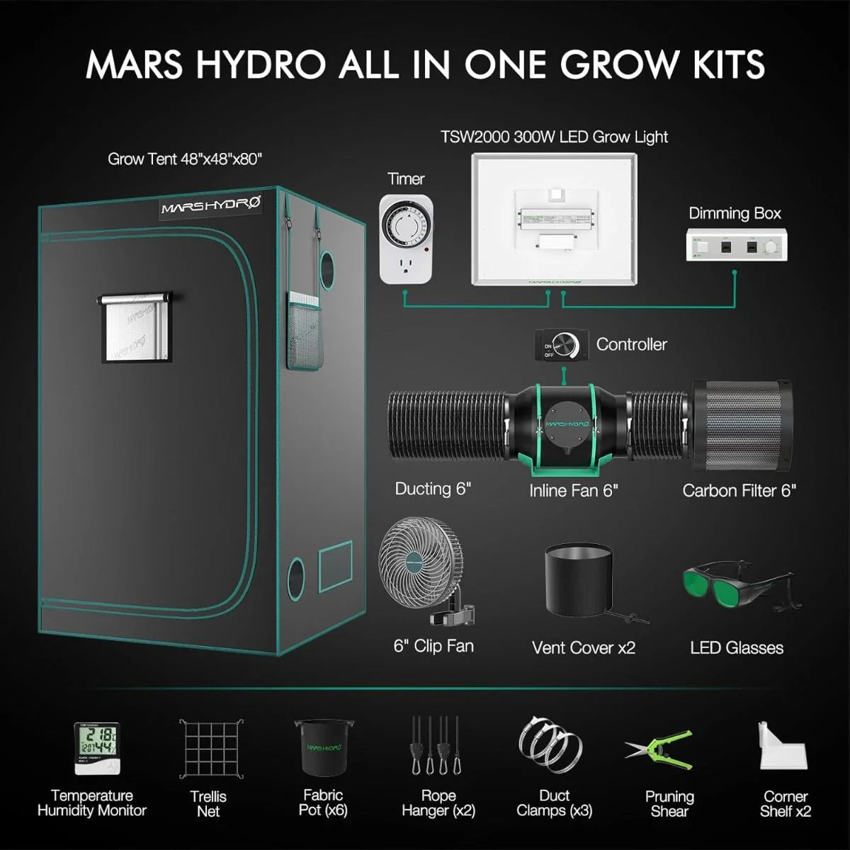 Mars Hydro TSW2000 300W LED Grow Tent Kit with 4' × 4' Grow Tent
