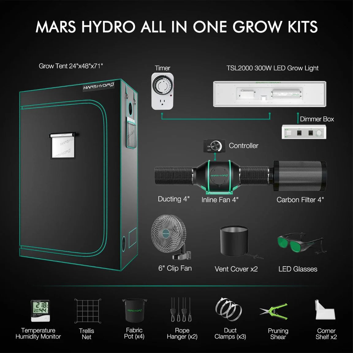 Mars Hydro TSL2000 300W LED Grow Tent Kit with 2' × 4' Grow Tent
